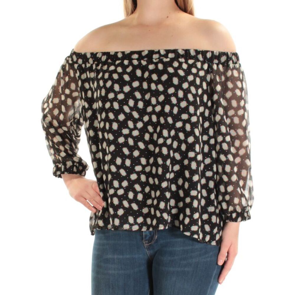 CYNTHIA ROWLEY Womens Black Printed Long Sleeve Off Shoulder Top Size: S - Picture 3 of 4